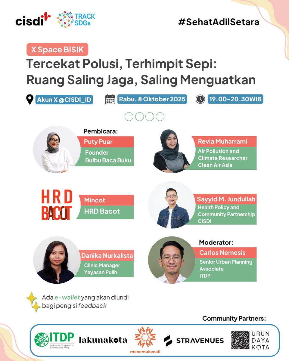 CISDI_ID's tweet image. Sebentar lagi kita mulai yaaaa, ngobrol soal polusi hingga kecemasan, dan ruang untuk saling menguatkan.

x.com/i/spaces/1OdKr…