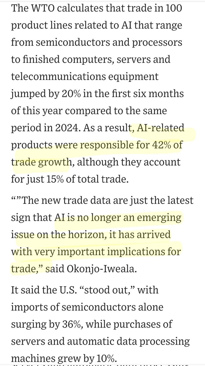 hard to overstate just how much AI and data center growth is doing to fuel the economy currently, but here's another data point: AI-related products responsible for 42% of trade growth this year. 🤯

wsj.com/economy/trade/…