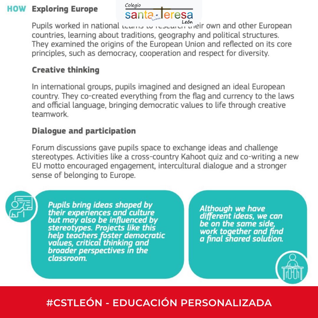 Nos complace anunciar que ya está disponible el eTwinning Book 2025 etwinning.es/wp-content/upl…, _Supporting Citizenship Education through eTwinning_, donde encontraréis proyectos ejemplares como el de nuestros alumnos. #CSTLeón  _Europeans: Yes, We Can_ ¡Gran trabajo chic@s!
