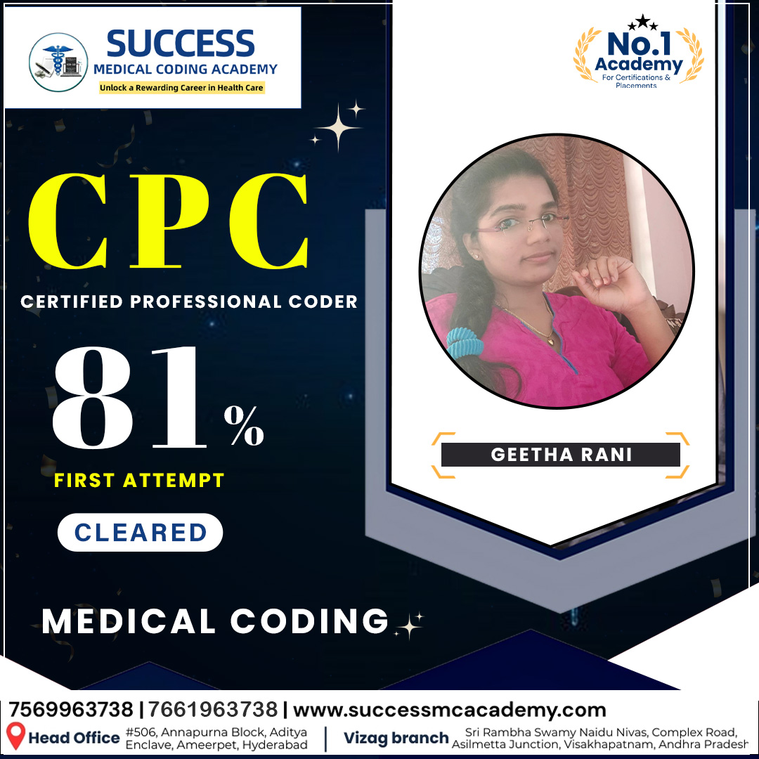 SuccessCoding's tweet image. Heartfelt Congratulations to Geetha Rani from Success Medical Coding Academy
For Securing an Impressive 81% in CPC Exam and Clearing it in the First Attempt
#CPC #certifiedprofessionalcoder #bestinstitute #boostyourreels❤️ #trendingreels #hyderabad #explorepage #reelsviews