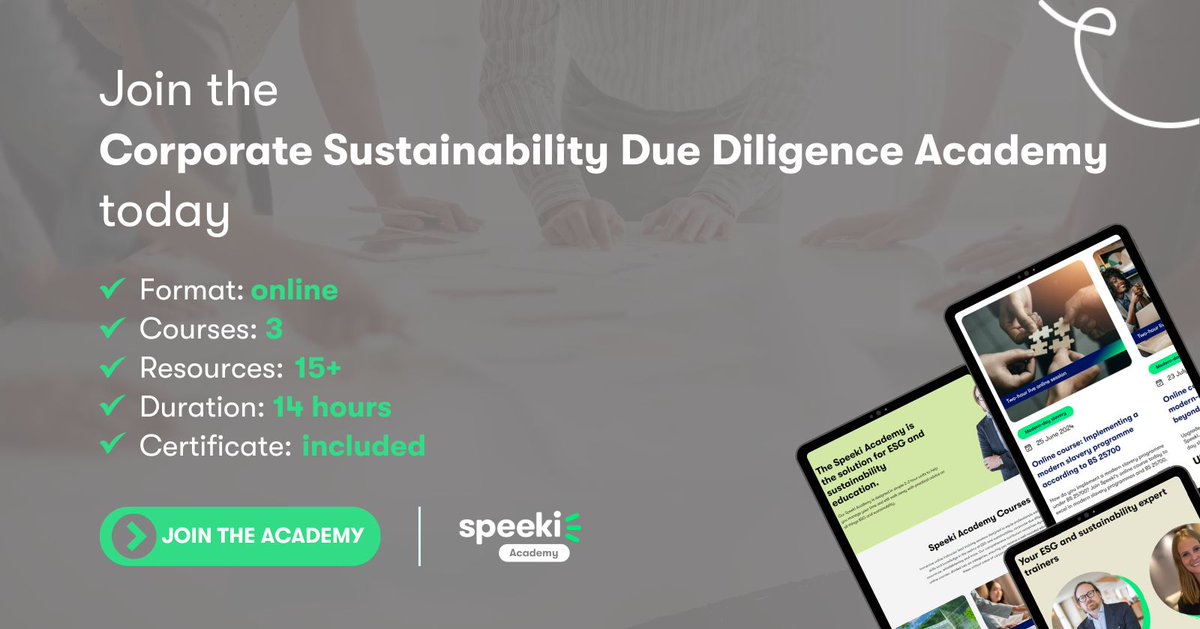 speekiglobal's tweet image. Meeting #duediligence requirements in sustainability takes more than compliance. Learn how to manage corporate #sustainability due diligence across your organisation effectively with Speeki’s #CSDD Academy: academy.speeki.com/course/corpora…