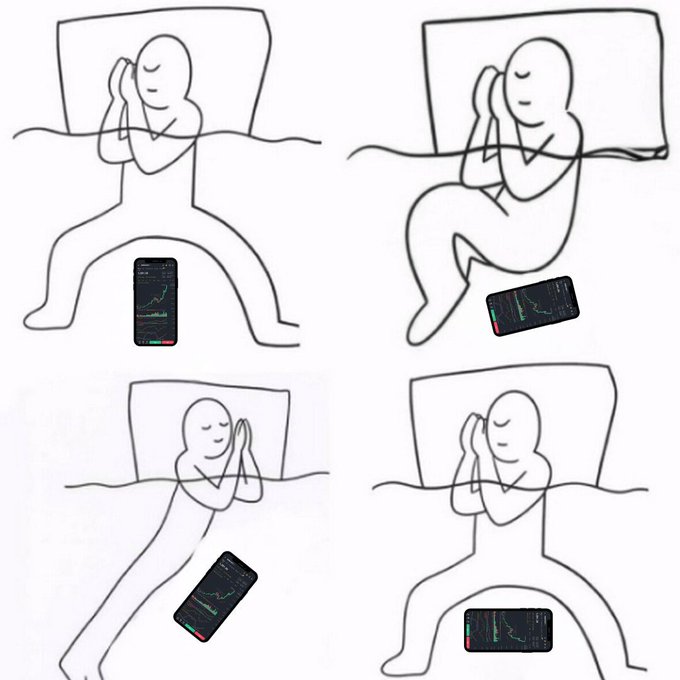 Four-panel black-and-white stick figure illustration. First panel shows figure lying in bed praying with hands together above head. Second panel depicts figure standing with legs wide holding phone with cryptocurrency chart visible in front. Third panel has figure sitting in bed legs crossed holding phone with chart. Fourth panel illustrates figure lying sideways in bed with phone propped up showing chart nearby.