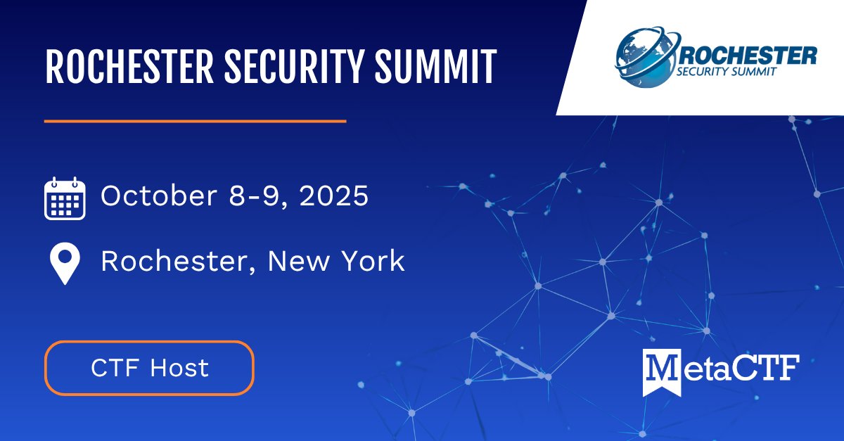 MetaCTF's tweet image. We're excited to be supporting Rochester Security Summit this year!
@MetaCTF will be running the CTF and providing virtual support throughout the event.