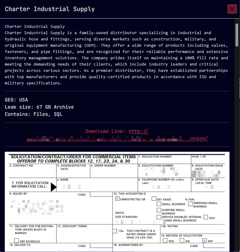 DailyDarkWeb's tweet image. #UnitedStates 🇺🇸 - Charter Industrial Supply has been breached by the Sarcoma ransomware group, which claims to have stolen 67 GB of data including corporate files, financial records, and employee PII. dailydarkweb.net/charter-indust…