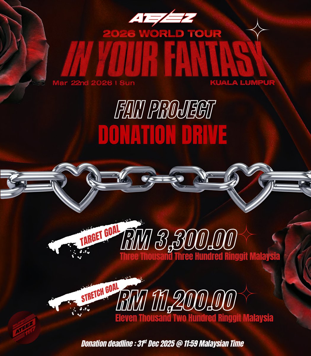 [📢] 2026 IN YOUR FANTASY IN KUALA LUMPUR DONATION DRIVE

ATINYs, it’s time to sail together once again! For us to make ATEEZ’s return to Kuala Lumpur truly legendary, we are launching a special fan project filled with love, surprises, and unforgettable memories ♥️

To bring this