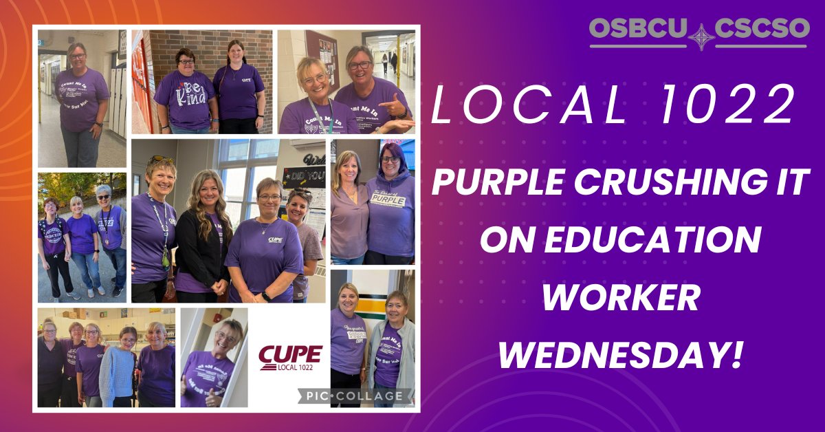 💜 Way to go Local 1022! Thanks for showing up for Education Worker Wednesdays! Your purple pride is a statement that unites us. Keep crushing it! #PurplePower #EducationWorkerWednesdays #Local1022Strong #UnitedWeStand #CUPE #OSBCU
