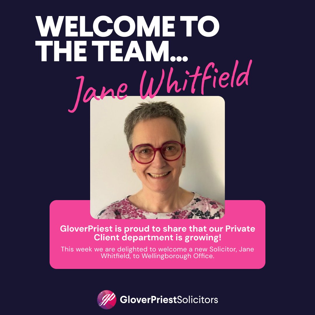 Our GP Family is growing! Say hello to Jane💜

If your looking for a Private Client Solicitor in the Midlands, get in touch today:
📞 Call us - 0121 441 6894
🖇️ Visit Website - visit our website!

#GloverPriestSolicitors #GloverPriestFamily #Solicitor