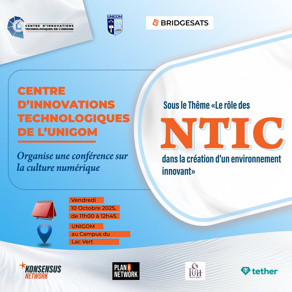 Unigom_RDC's tweet photo. ⭕️💻Êtes-vous passionnés par les Nouvelles Technologies de l’Information et de la Communication?

👉🏽Le Centre d’Innovations Technologiques(#CIT) de l’#UNIGOM de GOMA en partenariat avec l’entreprise #BRIDGESATS organise une conférence ce vendredi 10 Octobre au campus du Lac Vert. https://t.co/xyvRwtXwSo