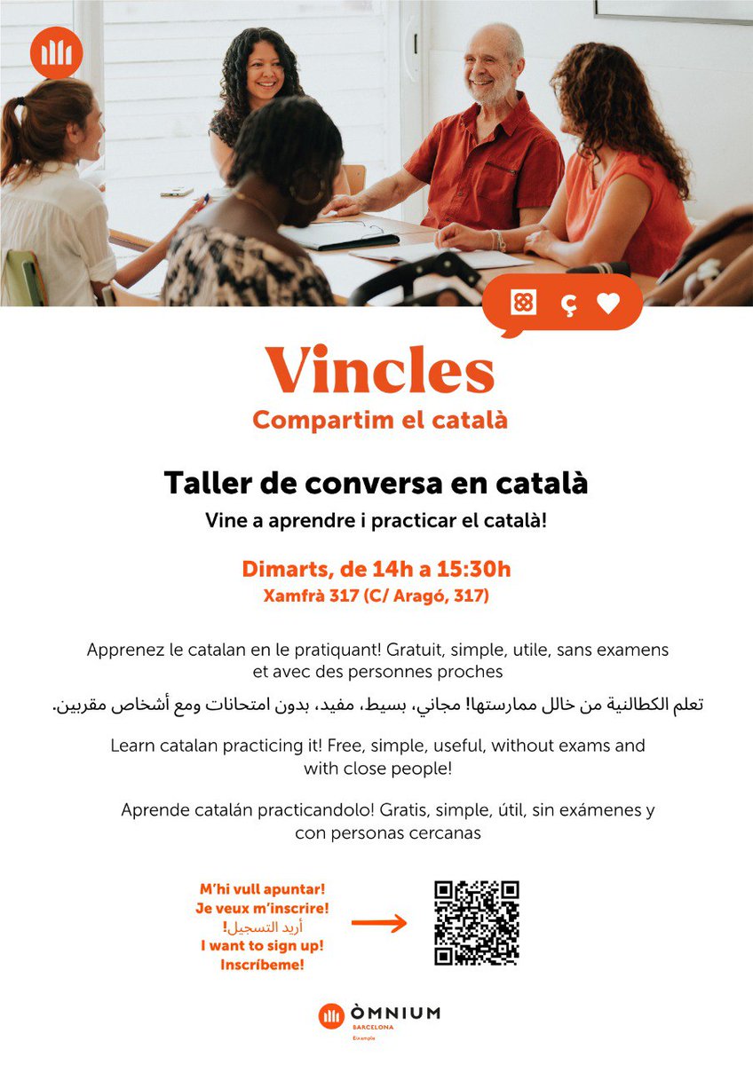 👀 Coneixes a algú que vulgui aprendre o practicar català? Comparteix el Vincles! Els espais de conversa en català gratuïts d'Òmnium. 

A l'Eixample estem dimarts, de 14h a 15:30h, al Xamfrà 317

T'esperem!