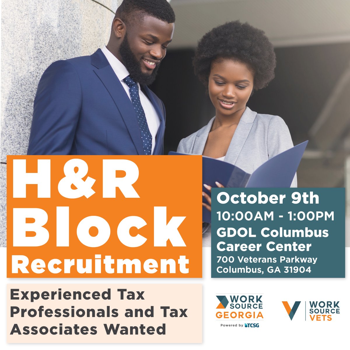 WorkSourceGA's tweet image. Veterans &amp;amp; Military Spouses! H&amp;amp;R Block is hiring in Columbus, GA.

🗓️  Thursday, October 9
⏰  10:00 AM - 1:00 PM
📍  GDOL Columbus Career Ctr (700 Veterans Pkwy)

register FREE here: tinyurl.com/28gspvrg

#VeteransJobs #MilitarySpouse #HRBlock