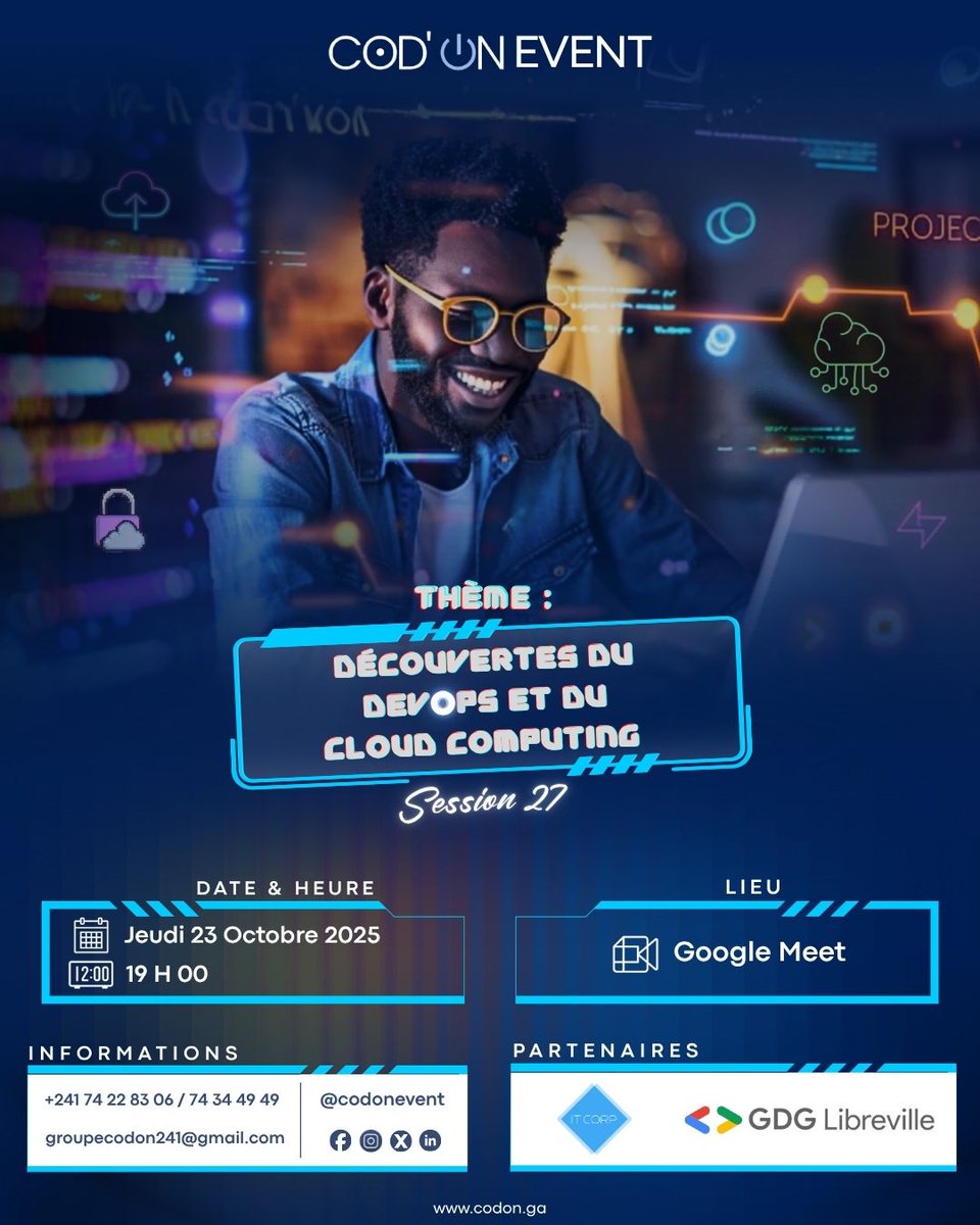 📢 [#CodOnEvent] revient !

Le 25 oct. à 19h → Session spéciale DevOps &amp; Cloud 🌩️

🔧 DevOps : automatiser &amp; déployer
☁️ Cloud : héberger &amp; scaler

👉 2 experts – 1 seule session pour tout comprendre !

🔗bit.ly/4gVgkxY

#DevOps #CloudComputing #Gabon