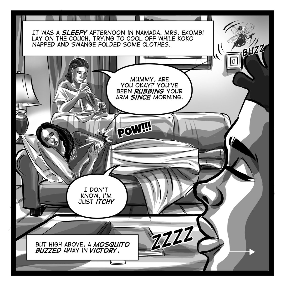 ArenaxPlusng's tweet photo. A Sneaky Return!!! 😯😯

Mrs Ekombi has been stung once again by Captain Anopheles' minions. Will the Ekombi family overcome this strike? 

Tell us what you think will happen next. 🤔

#ArenaxPlus 
#rememberthename 
#arenaxplusseries 
#health https://t.co/MDE25cBNOq