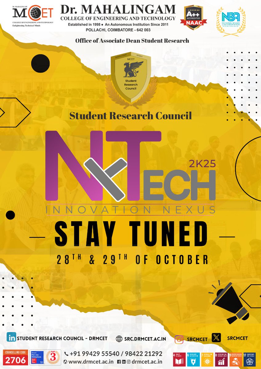srcmcet's tweet photo. 📢 Innovators, gear up! NxTech’25 lands this Oct 🌟
📅 28–29 Oct 2025 | 🎓 2nd &amp; 3rd yrs only
💡 Industry workshops + Tech competitions
⚡ Register from 14.10.2025 
#NxTech25 #StudentResearch #MCET https://t.co/T4Au7Kkplj