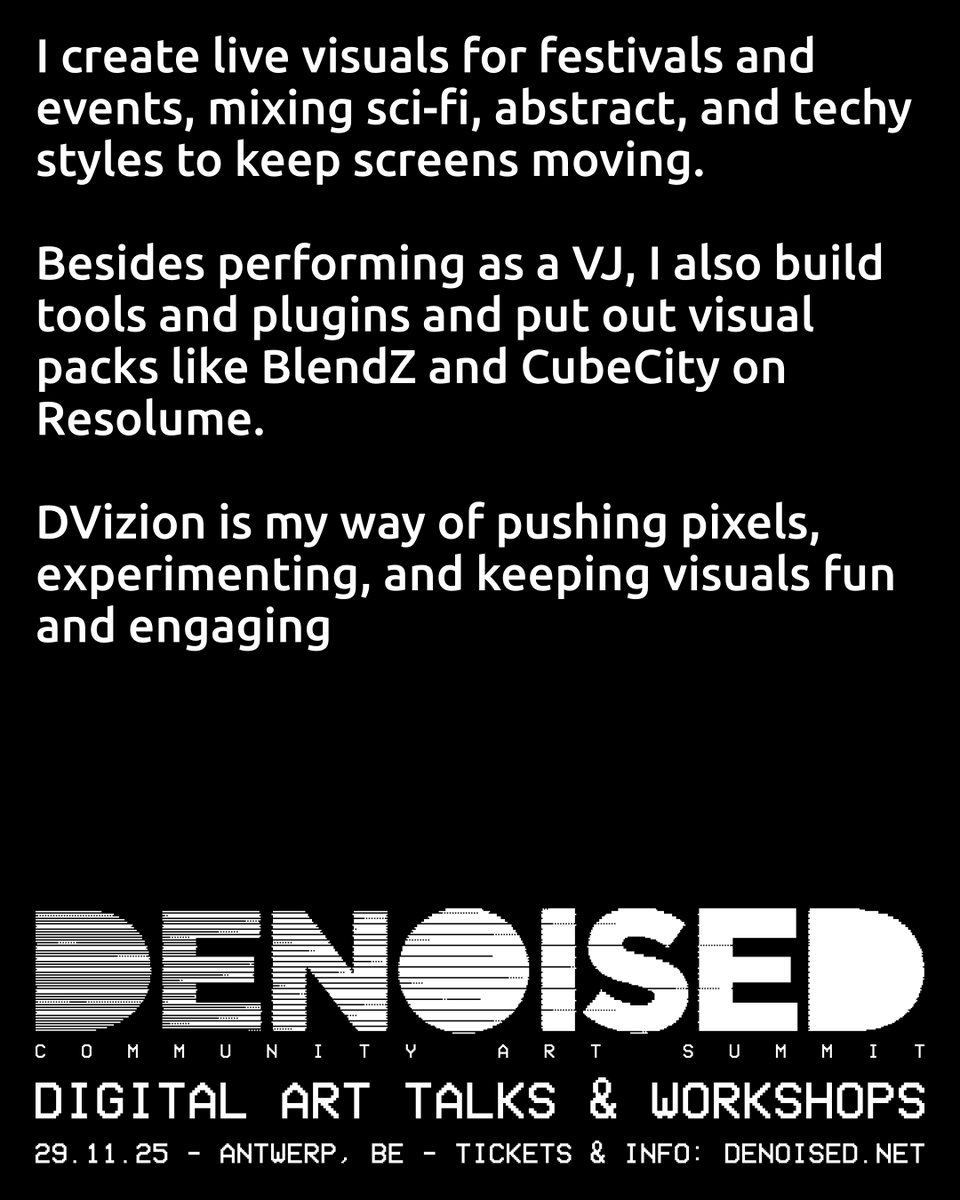 Say hello to Angelo Isenia, he creates live visuals for festivals and events, mixing sci-fi, abstract, and techy styles to keep screens moving

Don't miss Angelo &amp; others' talks at 🎤 DENOISED 🎛️

🎟️ denoised.net 🎟️

29.11.25 - Blikfabriek, Antwerpen, BE #DNSD