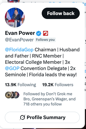 Pickledfins's tweet photo. I'm incredibly alarmed @GovRonDeSantis at the continued attacks by Evan Power towards Florida constitutents. @InstaGator2024 and @SuGreer as well as myself have been huge supporters of your agenda, your goals , your candidacies, and the state of Florida.  This man, if one can call him such, has been nothing but hateful and insulting to ANY Florida constituent who dares to voice their opinion on anything contrary to Donald Trump and continuously insults said constituents if they are anonymous on social media platforms. He has any number of screeds about anonymous X users over the past months but yet he insists on following me, an anonymous user. I do not appreciate the Florida GOP leader attacking Floridians and will NOT in any way shape or form contribute $1 to ANY candidate he decides to promote. For reference,  I maxed out in donations for your reelection as well as your Presidential run.  I love this state, I LOVE what you and your administration have done for this state but this disgusting behavior crosses a line.  The Florida GOP no longer represents conservatives if he is the leader.