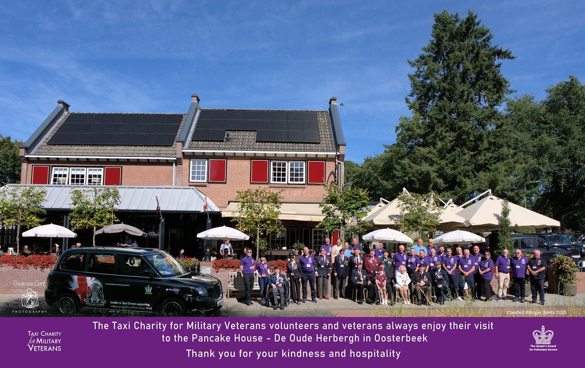 TaxiCharity's tweet photo. On a recent visit to Oosterbeek, photographer Daan van Oort took pictures outside the restaurant De Oude Herbergh, known to us as the Pancake House.
Our Dutch ambassador Roger Beets MBE presented a framed photograph to owners Miranda and Sander as a token of our appreciation. https://t.co/J57yc36LDF