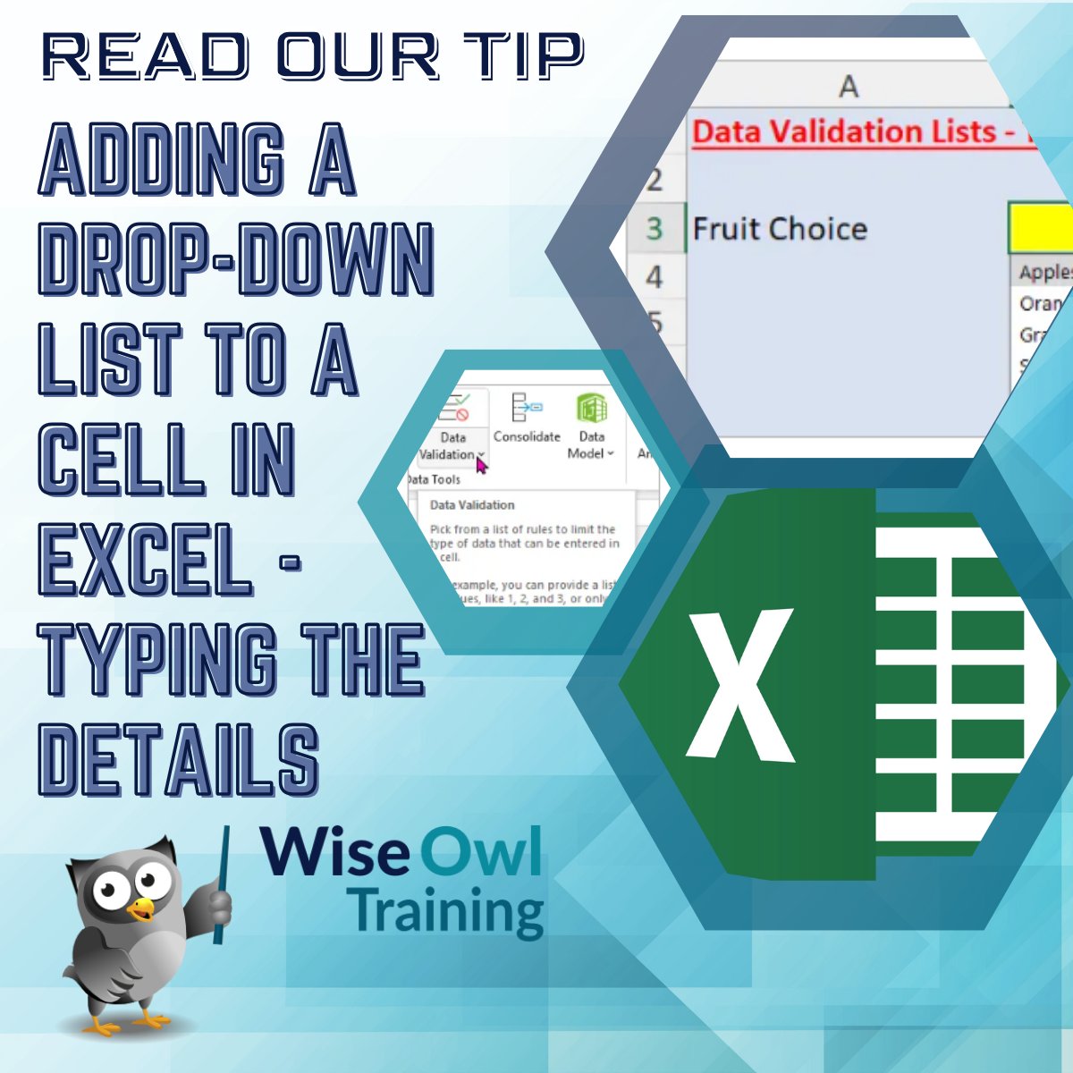 wiseowltraining's tweet image. Sometimes in Excel, you need to restrict users to a short choice of options in a cell.
Find out how to restrict a cell's contents and display a drop-down list. wiseowl.co.uk/excel/tips/dat…
#exceltraining #exceltips #ExcelTricksAndTips