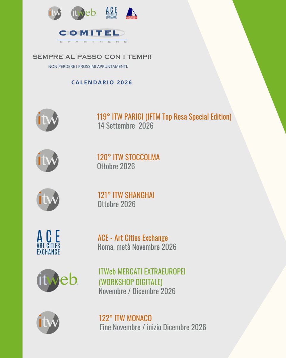 🗓️ Il 2026 è alle porte! Stiamo per partire con un nuovo anno di workshop B2B dedicati al mondo del turismo: occasioni per incontrarsi, creare connessioni strategiche e sviluppare nuove opportunità di business.

✨ Scopri tutte le date e inizia a pianificare la tua partecipazione