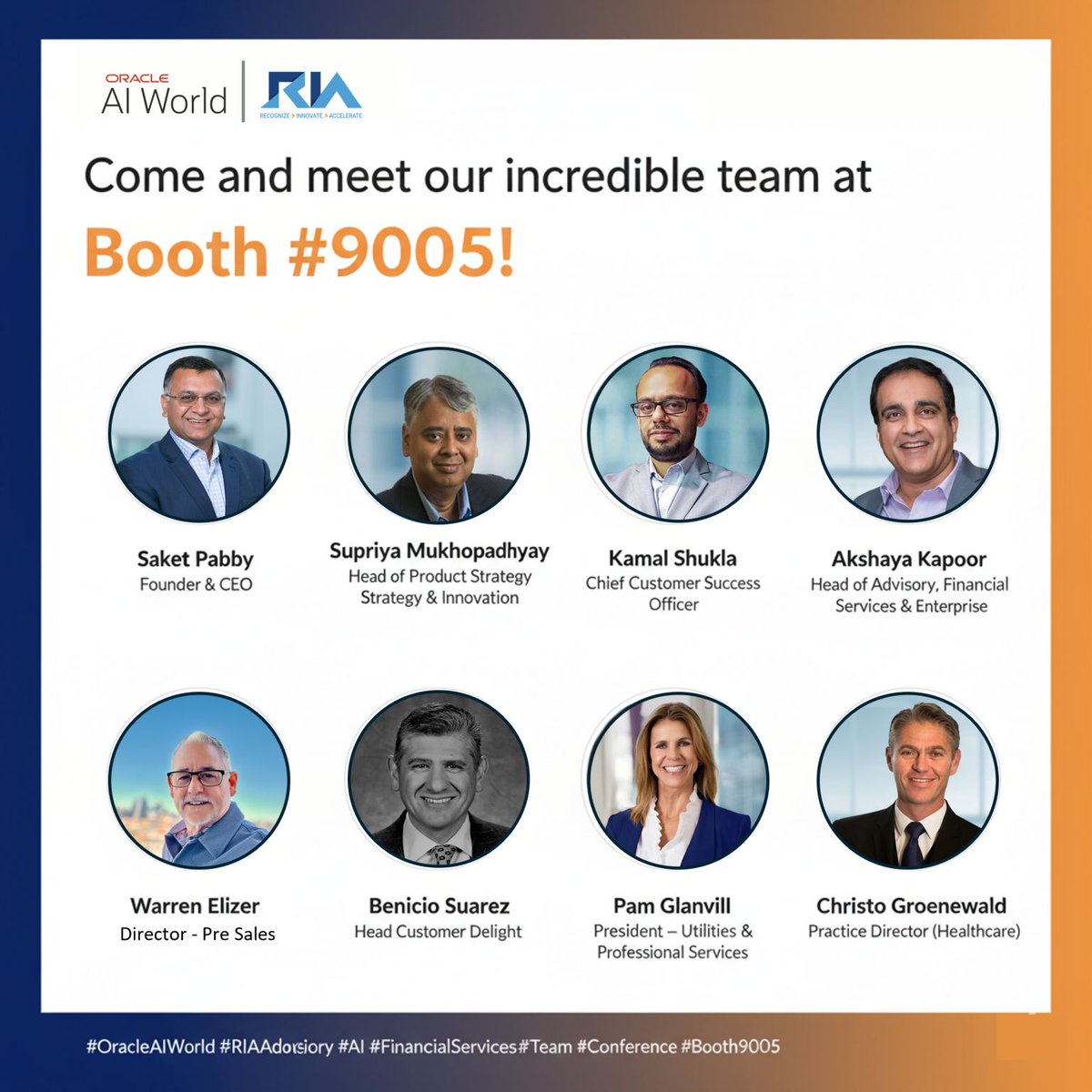 riaadvisory's tweet image. We’re excited to see you at @OracleAIWorld 2025! 🎯

Meet the RIA Advisory team at Booth #9005 and discover how Oracle + AI can transform your revenue management, pricing, and billing operations.

📍 Las Vegas | 📅 Oct 13–16, 2025
#OracleAIWorld2025