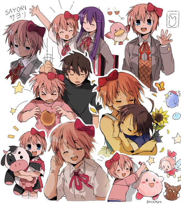 Multiple anime-style illustrations of Sayori a girl with short orange hair and red bow wearing a school uniform in various poses such as waving with raised arms smiling while holding a burger hugging another character and sitting with a sad expression alongside other characters including a girl with long purple hair a boy with black hair and a blue bird decorative elements like flowers butterflies and a sun visible in the artwork