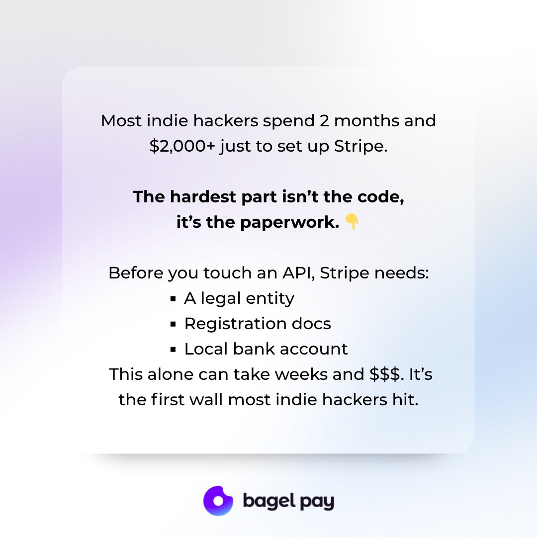 BagelPay's tweet photo. Stripe is incredible — for companies.
But indie hackers ≠ companies.
The current financial infra simply doesn’t fit solo builders.
That’s why we’re building Bagelpay:
⚡️ 5-min onboarding
🌍 No company needed
💸 Global payouts
Financial infra that actually works for indie hackers. 🚀