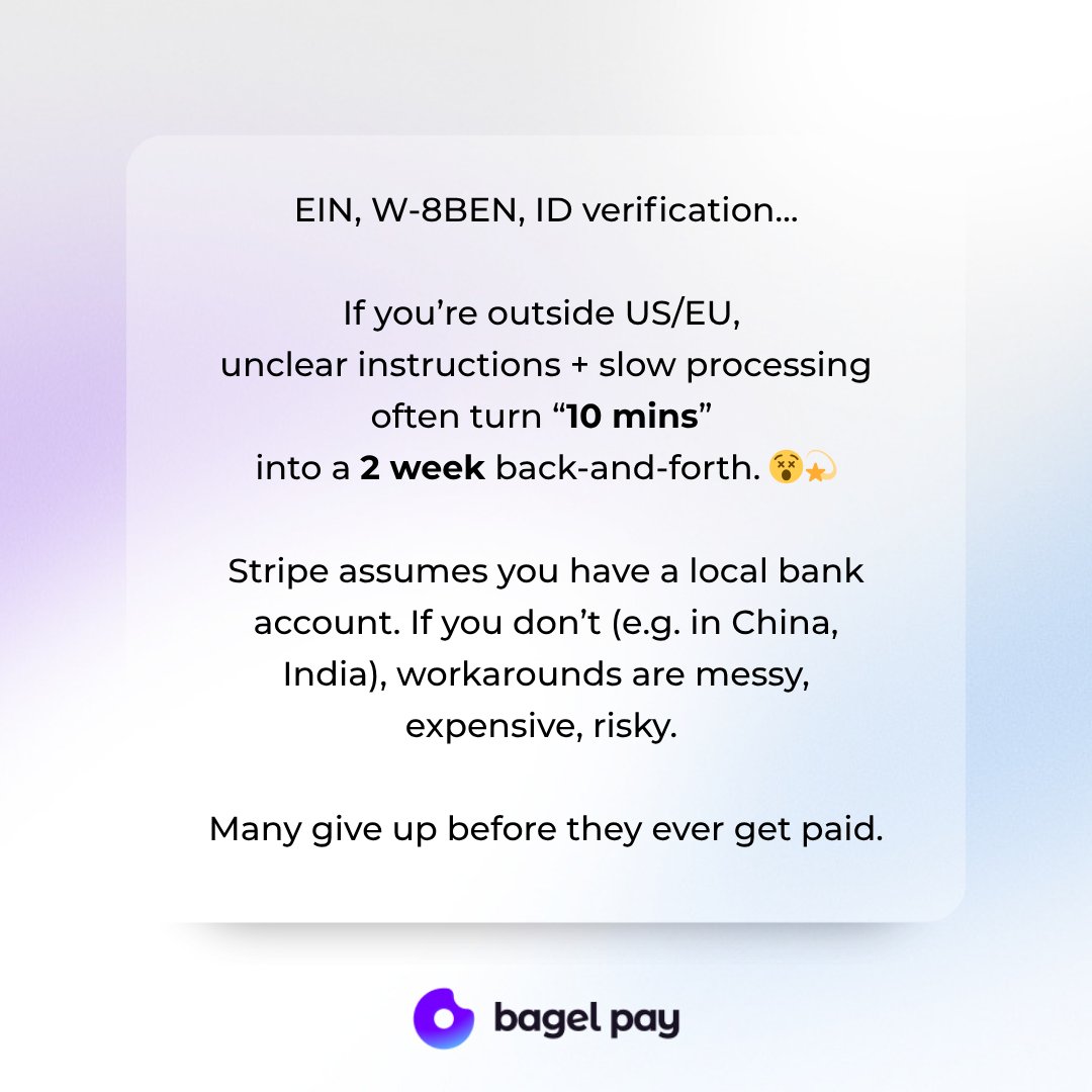 BagelPay's tweet photo. Stripe is incredible — for companies.
But indie hackers ≠ companies.
The current financial infra simply doesn’t fit solo builders.
That’s why we’re building Bagelpay:
⚡️ 5-min onboarding
🌍 No company needed
💸 Global payouts
Financial infra that actually works for indie hackers. 🚀