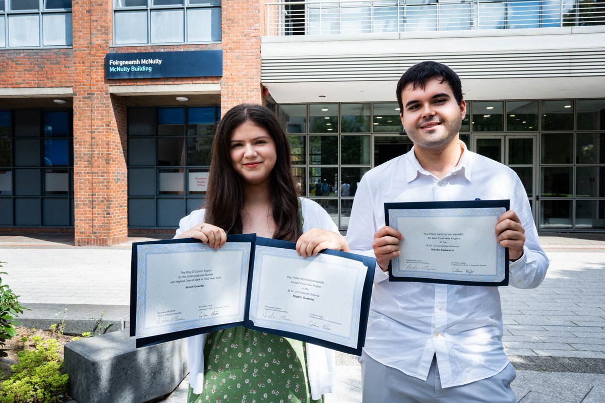 dcucomputing's tweet image. Congrats to Niamh Gowran & Kevin Tomescu from #DCUComputing on receiving top academic awards for 2024/25! 🎓Niamh earned the Rory V. O’Connor Award & both received the Tony Moynihan Award for an outstanding Final Year Project.
Read more: lnkd.in/epWjdQdD
#WeAreDCU