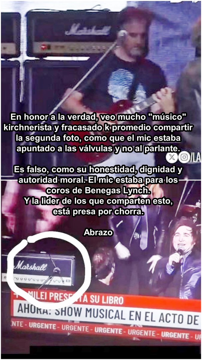 maussofficial's tweet photo. Veo mucho "músico" k compartir la segunda foto, como que el mic estaba apuntado a las válvulas y no al parlante. Es falso, como su honestidad, dignidad y autoridad moral. El mic estaba para los coros de Benegas Lynch. Y la lider de los que comparten esto, está presa por chorra. https://t.co/fHNEU0wTav