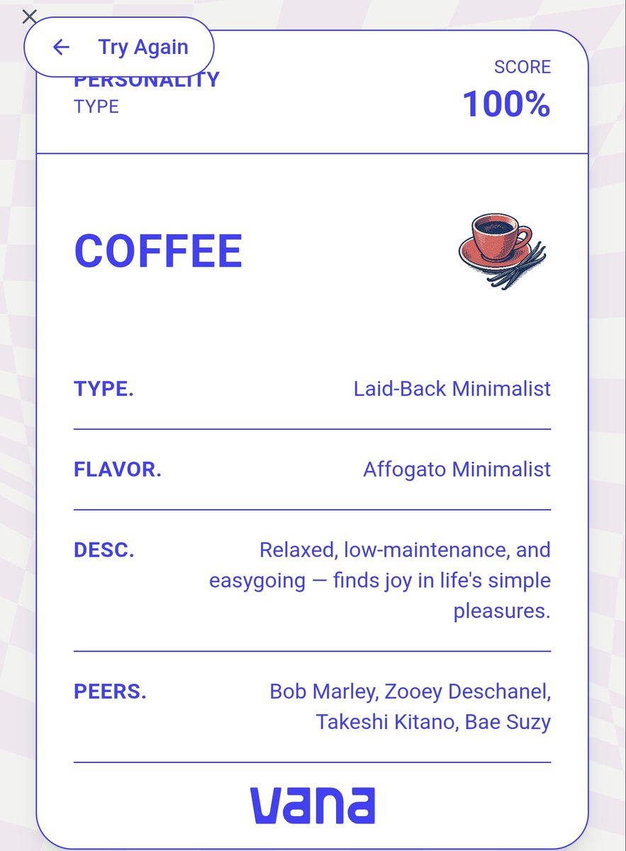 TruuthSeeekers's tweet image. If I was an Ice Cream Flavour, I&apos;d be Coffee and i love Coffee!
Relaxed, low-maintenance, and easygoing finds joy in life&apos;s simple pleasures.
Taste your data on app.vana.com #datarevolution
@vana