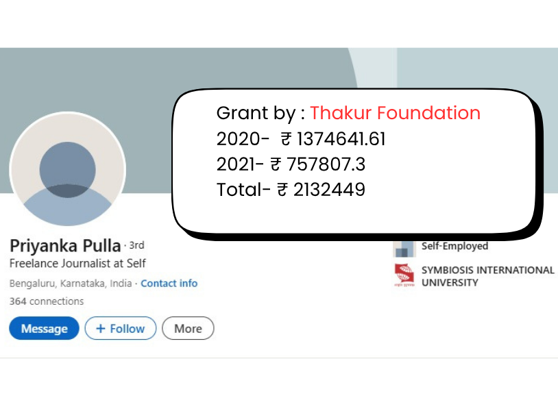 vijaygajera's tweet photo. 6. Priyanka Pulla has received ₹21 lakh of illegal foreign funding from the Takur Family Foundation.

She was working for The Wire and also wrote articles from IPSMF-funded propaganda websites, such as The Caravan. https://t.co/K42RWKkbRx