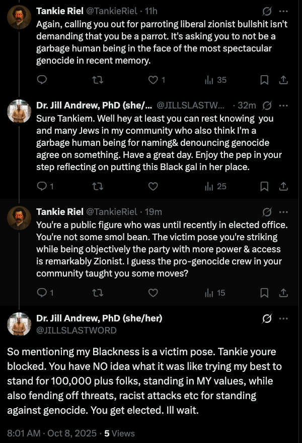 TankieRiel's tweet image. Turns out @JILLSLASTWORD is an anti-indigenous scumbag who&apos;ll non-sequitur to calling you racist if you criticize her #AllLivesMatter bullshit re: the colonial genocide of the Palestinian people.

Another block for the trophy-case.