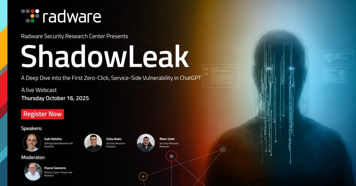 📅 Don’t miss our live webinar on ShadowLeak, happening October 16th. Get the inside scoop on the first zero-click, service-side vulnerability in ChatGPT.  Register below: 
NA/LATAM:  ow.ly/qePv50X2uM4
EMEA/APAC:  ow.ly/A3o150X2uM5

#OpenAI #ChatGPT #gmail