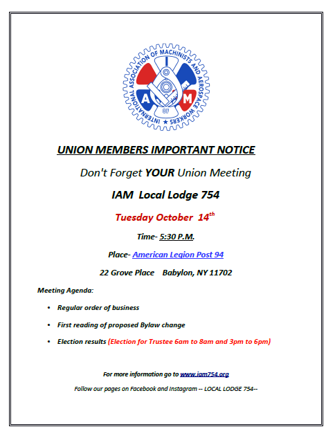 There will be an Election on Tuesday October 14th from 6am to 8am and 3pm to 6pm at the the American Legion Hall in Babylon.  The General Membership Meeting will start at 5:30 that day.

There will also be the first reading of the proposed Bylaw change,  Article IV Section 7.
