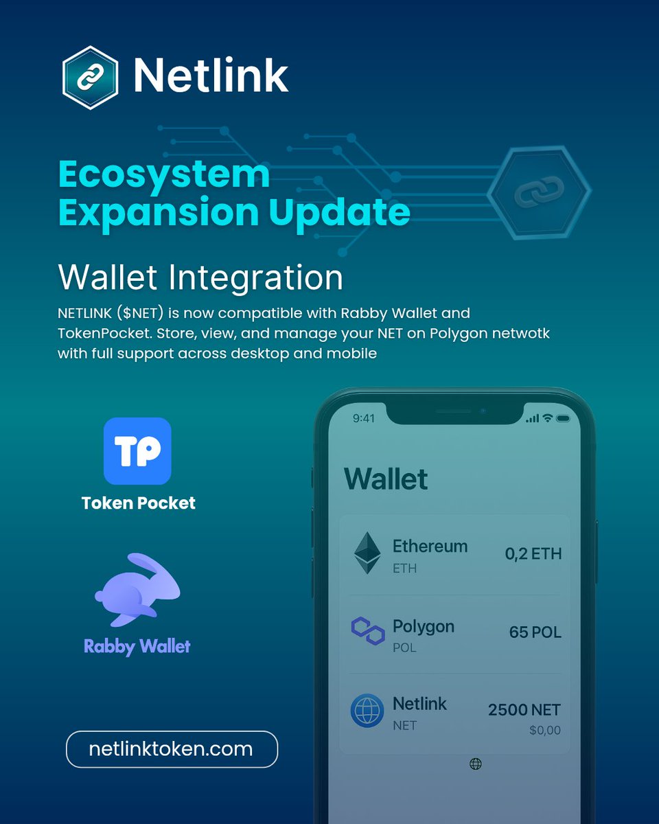 netlinktoken's tweet image. 🚀 NETLINK ($NET)
Expands wallet compatibility!

Now supported on Rabby Wallet, TokenPocket, Trust Wallet, MetaMask, Brave Wallet, and all EVM-based wallets on Polygon.

Store, view &amp;amp; manage your NET anywhere. 🌐

#NETLINK #Polygon #Web3 #Crypto