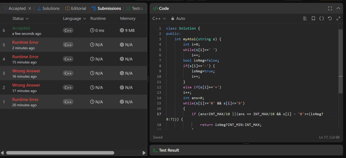 DevSrivast19865's tweet image. Day #8(8th Oct 2025)
after 5 failed submissions finally able to solve this question😓, LeetCode Q8, String to Integer, a medium lvl problem
#Coding #SoftwareEngineering #SoftwareDevelopment #100DaysOfCode #AI #ML #coding4dev