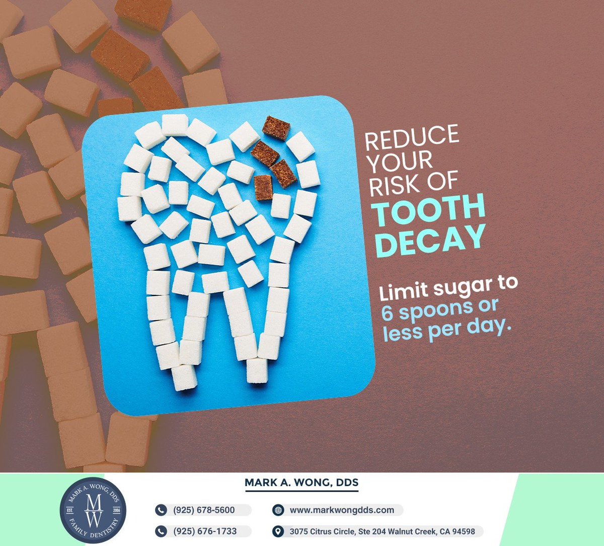 Sugar is one of the top factors that contribute to tooth decay. Protect your teeth from decay by limiting sugar for a healthier smile. #toothdecay #preventcavities #sugarandteeth #markwongdds #walnutcreek #CA