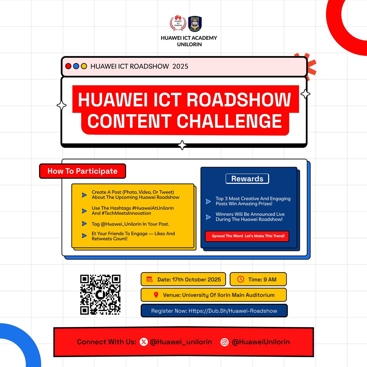 Huawei_Unilorin's tweet photo. It’s that time again!! the Huawei ICT Roadshow Content Challenge is here!

Think outside the box, create something fun, and WIN big 
Make a post, tag us, get your people to engage and who knows? You just might win something big. 
We’re watching 👀
 #HuaweiUnilorin https://t.co/MzzAaTFOjV