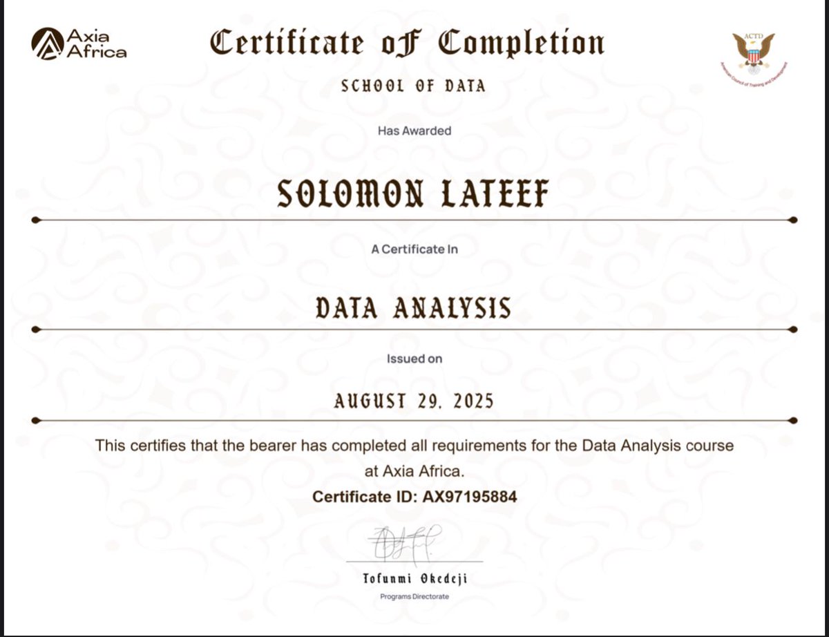 lateefsolomon5's tweet image. 🎉 Another step forward on my growth journey!

Just earned my Data Analysis certificate from @axiaafrica  a blend of curiosity, numbers, and storytelling through data. 📊✨

Excited to keep exploring how design and data can work together to create real impact. 🚀

#DataAnalysis