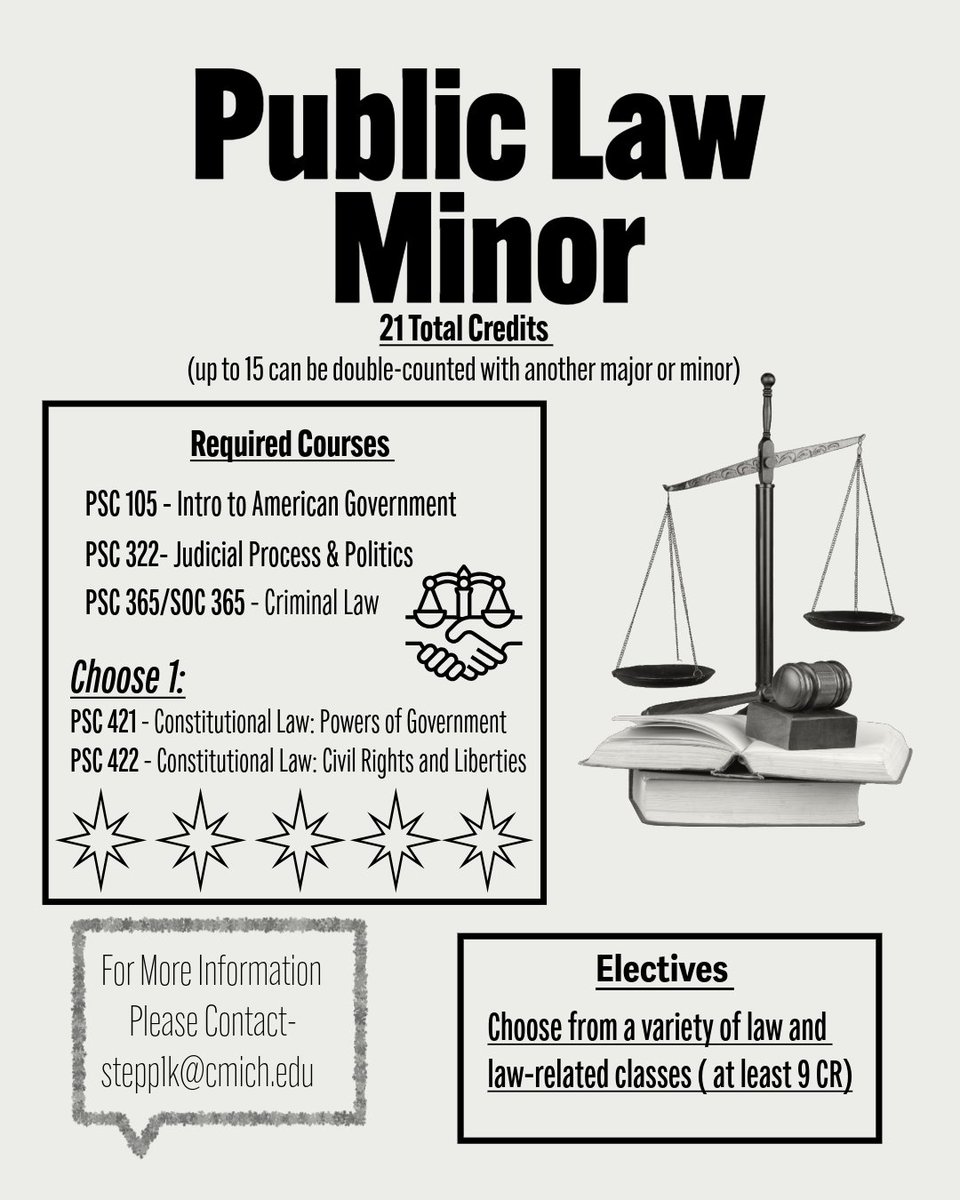 Check out our Public Law minor! With just 21 credits, you’ll gain a strong foundation in the American justice system! This minor is especially valuable if you’re considering a career in public interest law. Contact Dr. Kyla Stepp, stepp1k@cmich.edu to sign today! 🔥⬆️