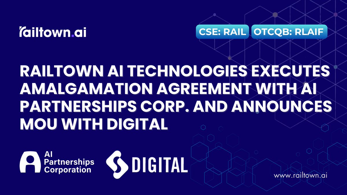 🚀 The announcement we’ve been waiting for is here.

Railtown AI (CSE: $RAIL.C | OTCQB: $RLAIF) has executed an Amalgamation Agreement with <a href="/AIPartnerships/">AI Partnerships Corp.</a> and announced an MOU with <a href="/DTSupercluster/">DIGITAL</a> 

Big things ahead. 👇

🔗 railtownaitechnologies.com/railtown-ai-te…