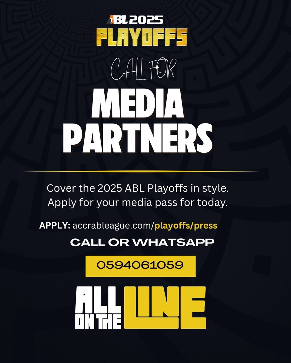 Abbleague's tweet photo. Be part of the #ABL2025Playoffs coverage — apply for your media pass now! 🏀🔥
👉 https://t.co/3Cmw0L2vJw
📞 Call/WhatsApp: 0594061059
#AllOnTheLine https://t.co/dFZUeXg8Gm