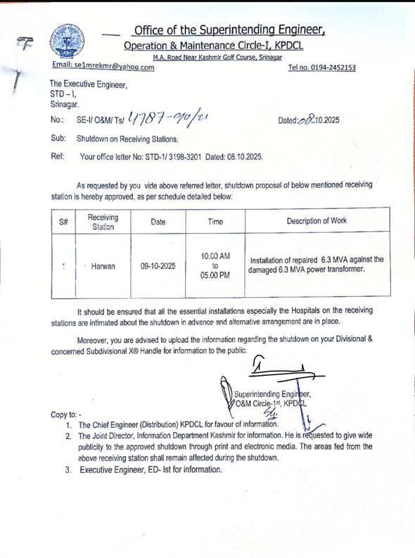STD 1st SD 1st TRC (@sdiv1trc) on Twitter photo Public Notice:- Shutdown of Harwan Recieving Station will be availed as per below mentioned programme.
The areas affected are Theed, Harwan, Dara, Darbagh.
Inconvenience caused is highly regretted.
<a href="/kpdcloffice/">Kashmir Power Distribution Corporation Limited</a>
<a href="/OMCircle1/">O&M Circle-I, KPDCL</a>
<a href="/std_ist/">Sub-Transmission Division, 1st (KPDCL) PDD,Bemina</a>
<a href="/XEd1st/">ED1st KPDCL</a> Public Notice:- Shutdown of Harwan Recieving Station will be availed as per below mentioned programme.
The areas affected are Theed, Harwan, Dara, Darbagh.
Inconvenience caused is highly regretted.
<a href="/kpdcloffice/">Kashmir Power Distribution Corporation Limited</a>
<a href="/OMCircle1/">O&M Circle-I, KPDCL</a>
<a href="/std_ist/">Sub-Transmission Division, 1st (KPDCL) PDD,Bemina</a>
<a href="/XEd1st/">ED1st KPDCL</a>