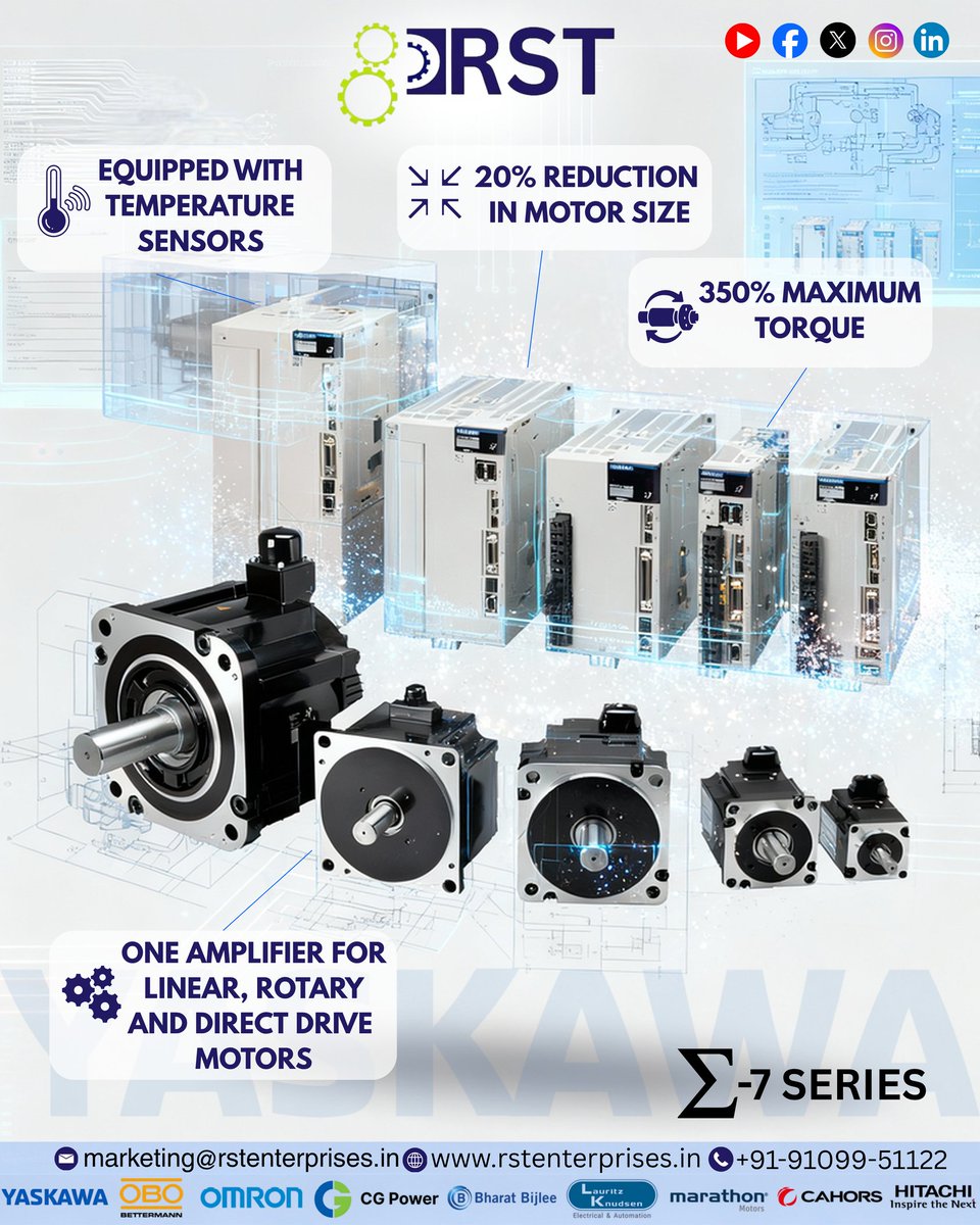 RST1495588's tweet image. Precision meets performance ⚙️
The Yaskawa Σ-7 Series, integrated by RST  delivers:
🔹 350% maximum torque
🔹 20% smaller motor size
🔹 Built-in temperature sensors
One amplifier powering linear, rotary &amp;amp; direct-drive motors — the future of motion control.

#RSTEngineering