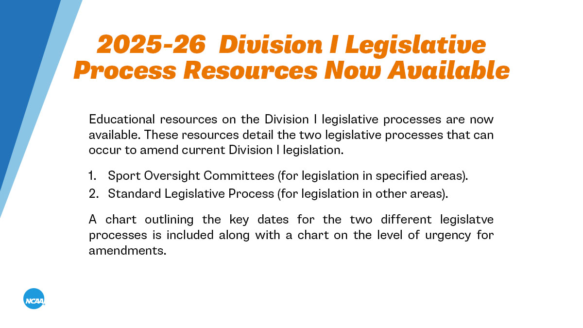 Check out these new educational resources related to the 2025-26 Division I Legislative Process.

🔗on.ncaa.com/2526DILegPro
🔗on.ncaa.com/2526DISOCLegPro
🔗on.ncaa.com/2526DIOtherAre…