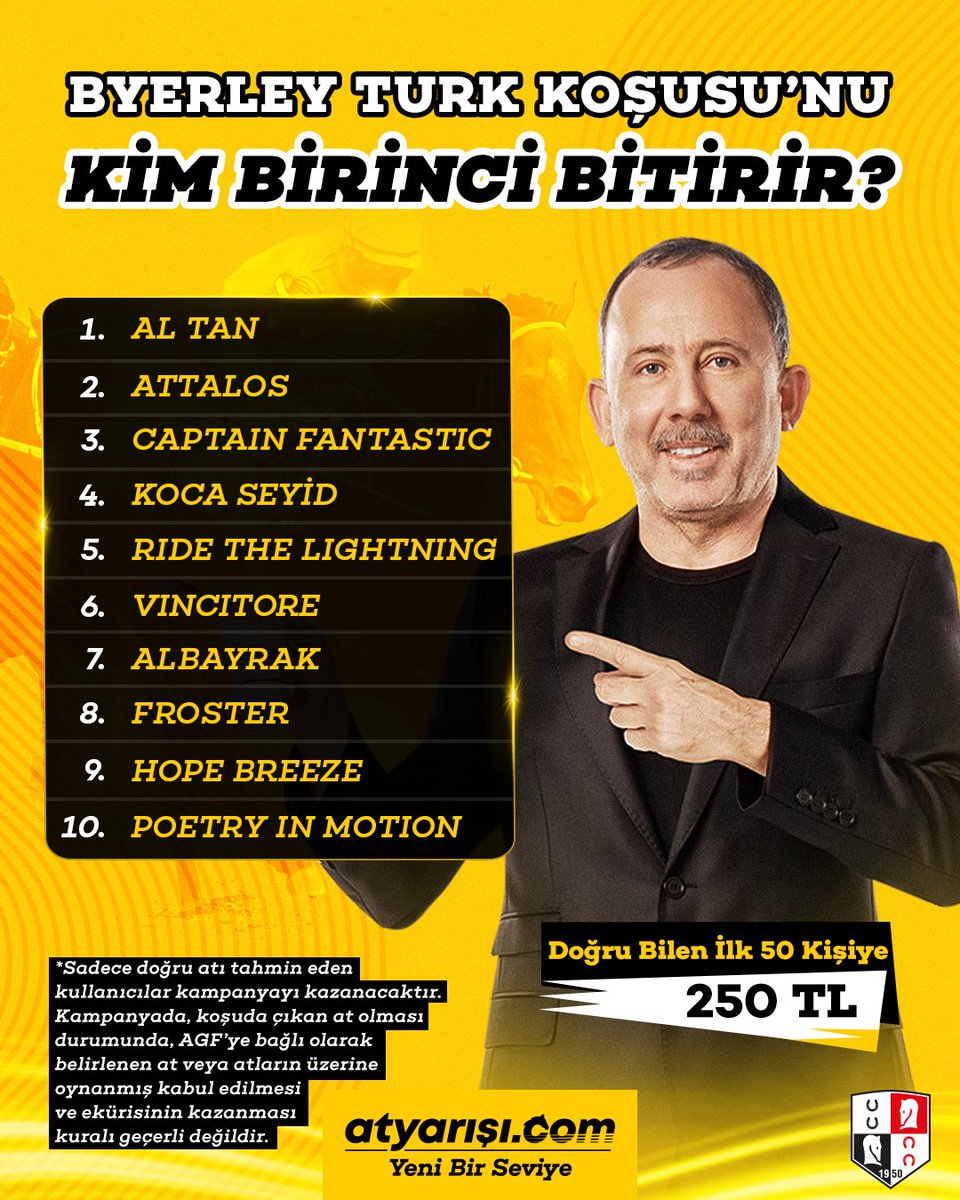 ÖDÜL ZAMANI! 🍀

Byerley Turk Koşusu'nu birinci bitiren atı bilen ilk 50 kişiden biri ol, 250 TL değerinde atyarışı.com puanı kazan!

KATILIM ŞARTLARI 🔎
💥Bu hesabı takip etmek
💥Bu paylaşımı yeniden göndermek (Repost)
💥Tahmininizi, atyarışı.com üye