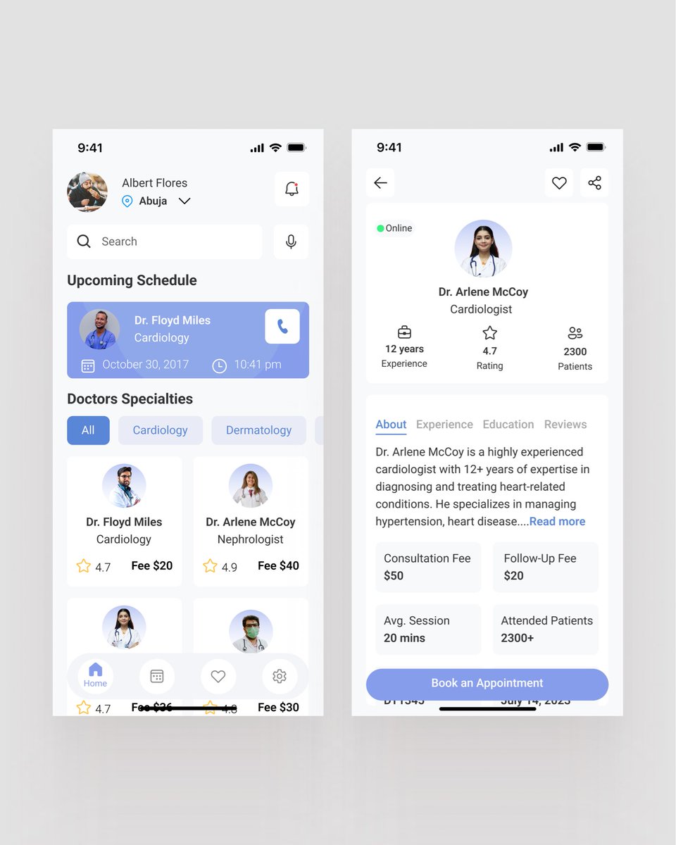 Dishaku7's tweet image. Thrilled to share a glimpse of a doctor appointment app concept I've been working on! ✨
The goal was to create a clean, intuitive, and stress-free experience for users to find and connect with specialists.
Feedback is always welcome!
> #UIUX #ProductDesign #HealthTech