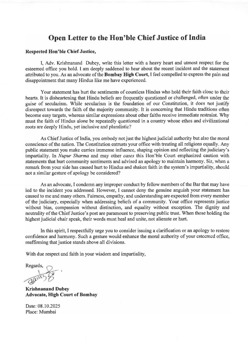 “Respect the Chair, but Question the Mistake.”

This is my country, and the Constitution gives me the right to question anyone holding a public post.
1/1
#CJI #BRGavai #ChiefJusticeGavai