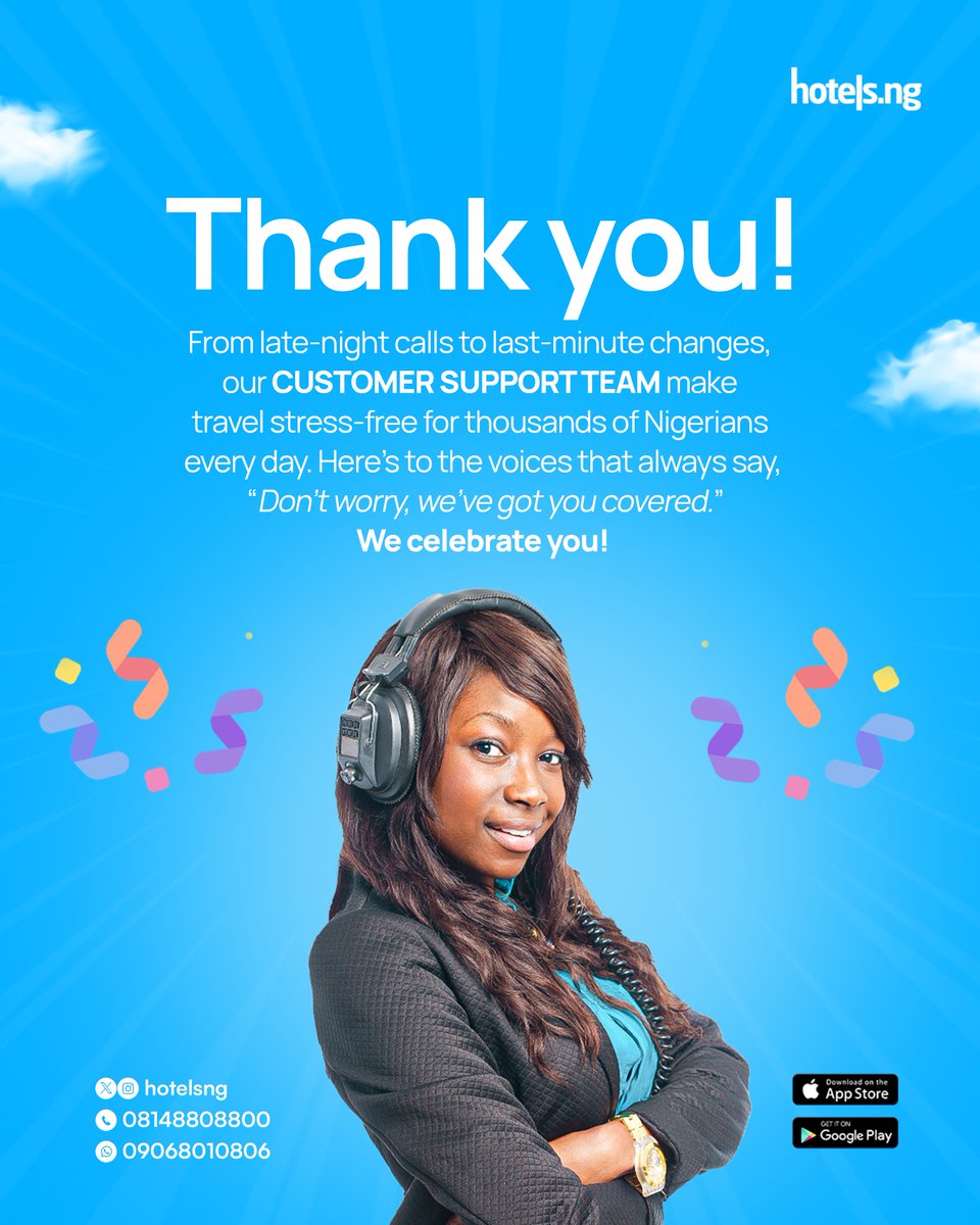 hotelsng's tweet image. This week, we celebrate the real heroes behind every smooth booking  - our Customer Support Team.

Drop a 💙 in the comments if our support team has helped make your trip easier.

#hotelsng #customersupport #customersupportweek