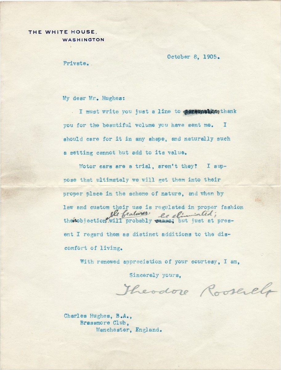 TRPresLibrary's tweet image. 🚗📜 On This Day – October 8, 1905 📜🚗
Roosevelt Shares His Thoughts on the Motor Car

On October 8, 1905, President Theodore Roosevelt wrote from the White House to his friend Charles Hughes in England, venting about a new symbol of modern life — the automobile.

TR admitted…