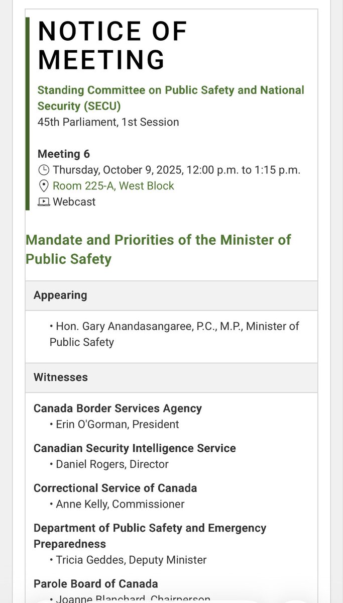 TWilsonOttawa's tweet image. Notice of Meeting - SECU (45-1) - No. 6 - House of Commons of Canada 🇨🇦 

“Mandate and priorities of the Minister of Public Safety” 

 ourcommons.ca/DocumentViewer…